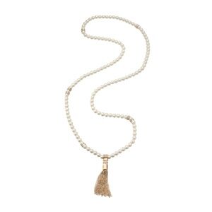 Off-White Faux Pearl Tassel Necklace, 40 Inch Long Strand with Gold Chain Tassel